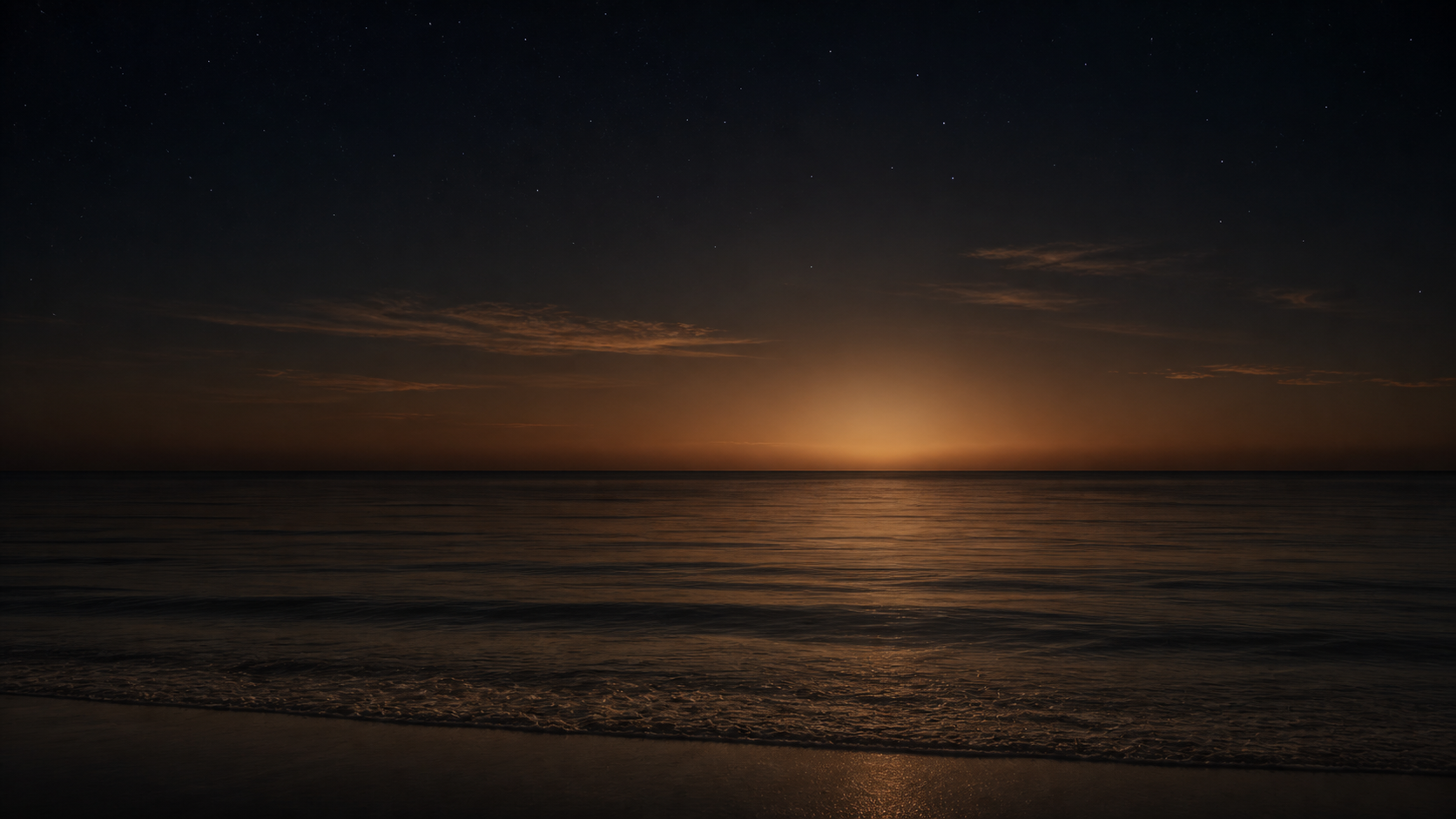 A warm moonlit horizon over still dark water.